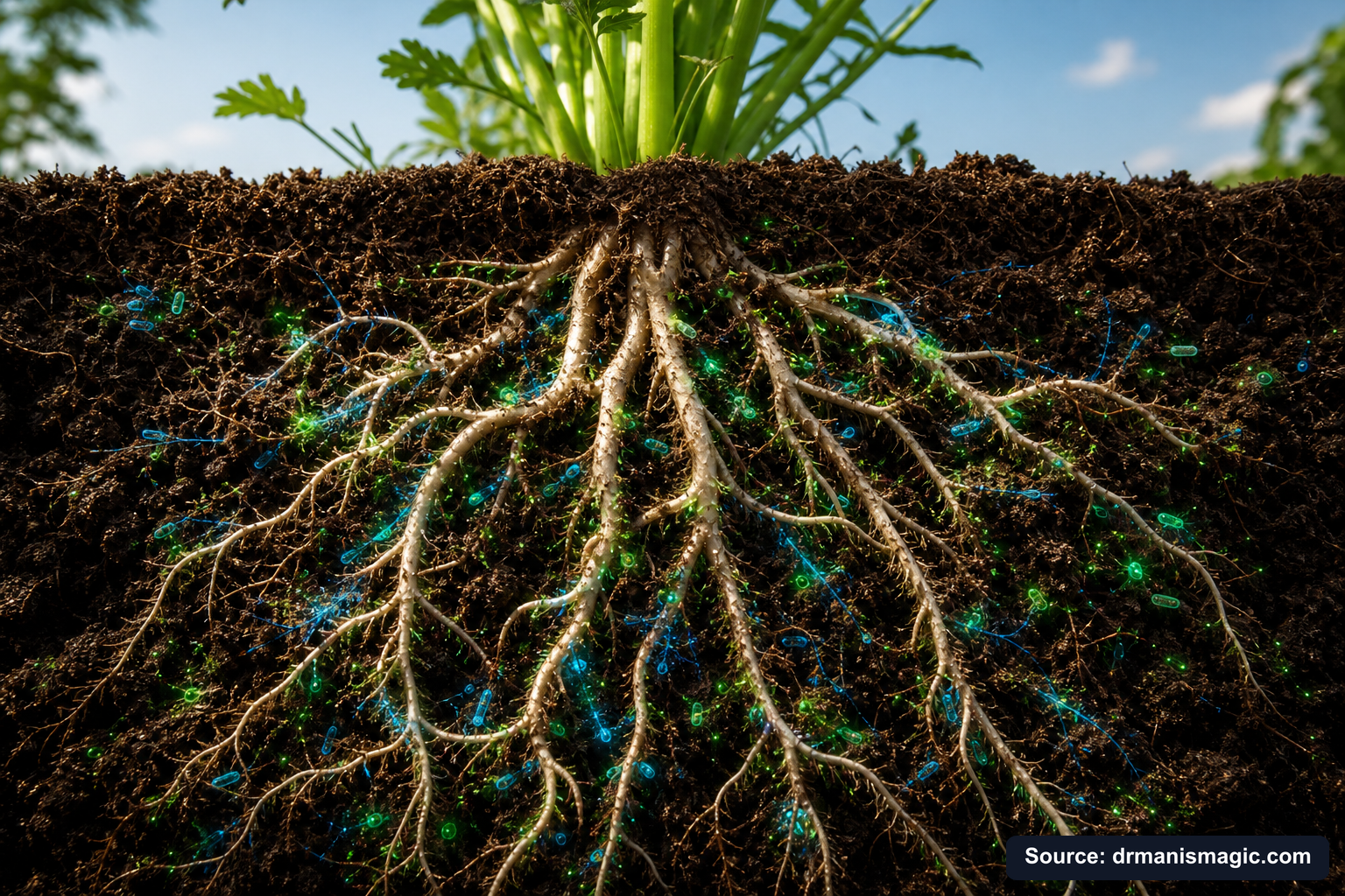 Cross-section of healthy plant roots surrounded by active soil microbes