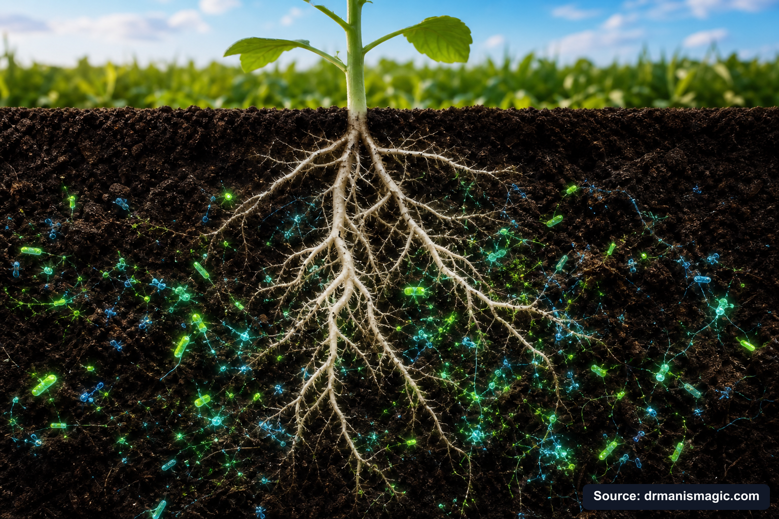 Cross-section of healthy plant roots surrounded by active soil microbes
