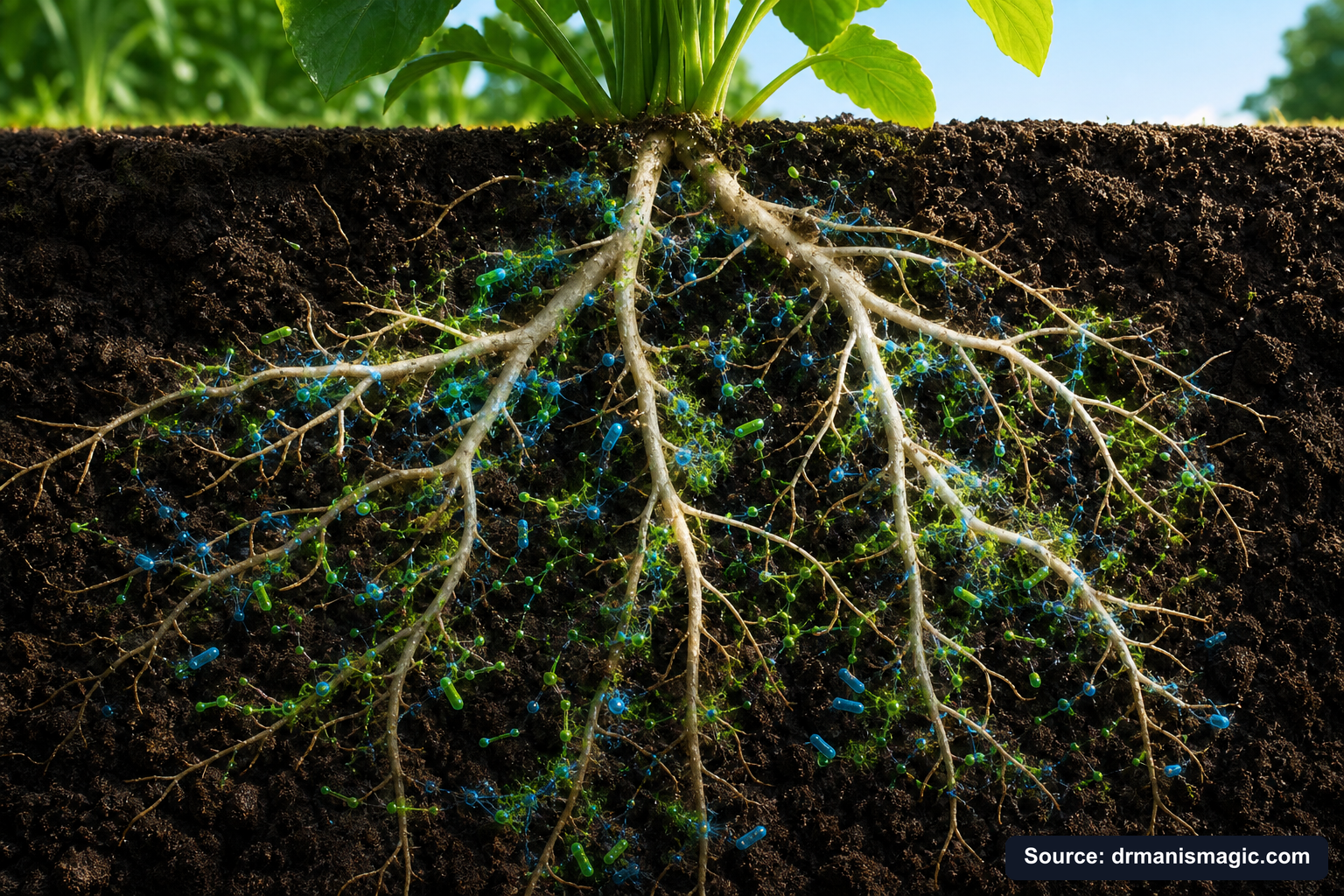 Cross-section of healthy plant roots surrounded by active soil microbes