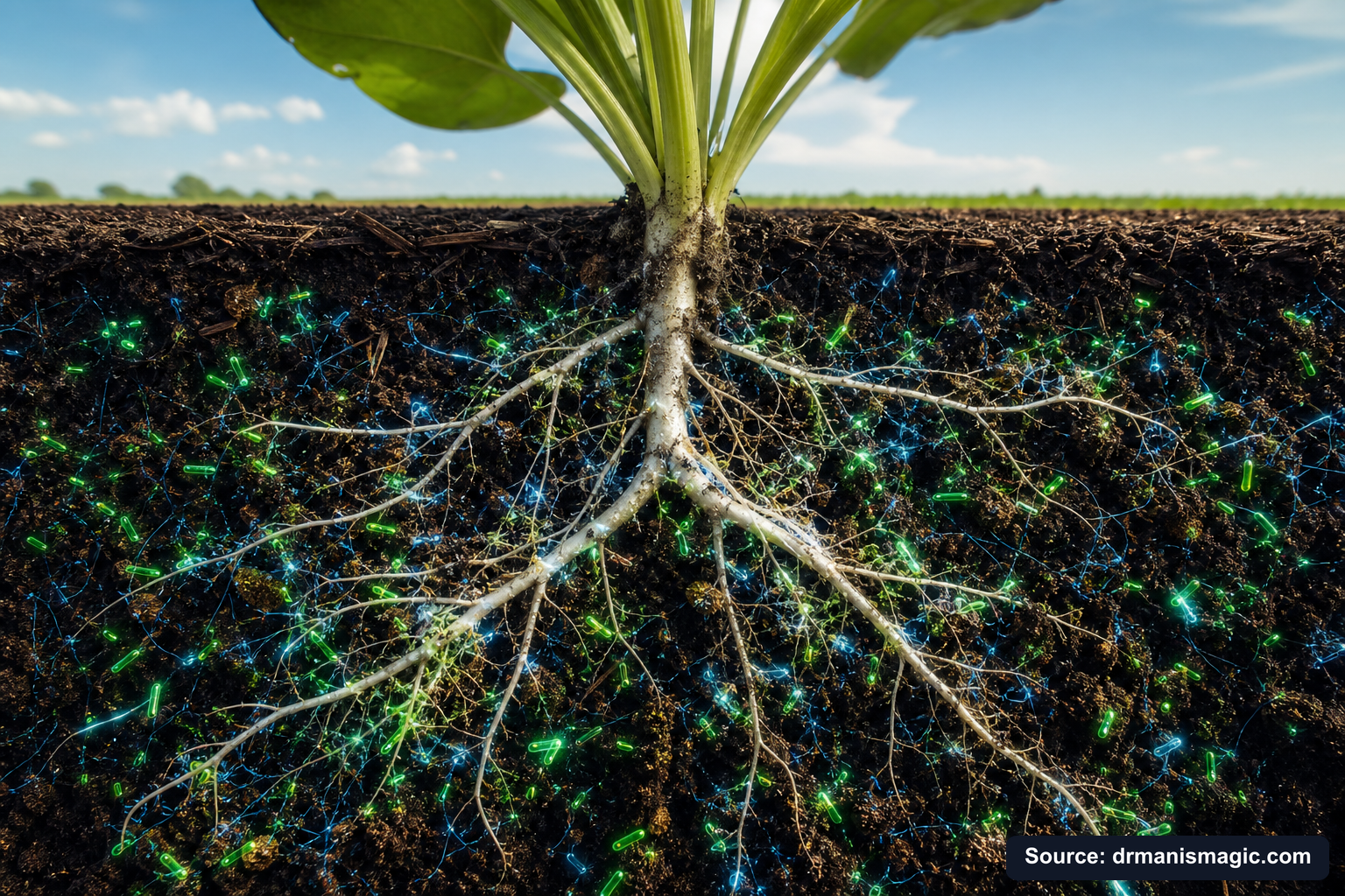 Cross-section of healthy plant roots surrounded by active soil microbes