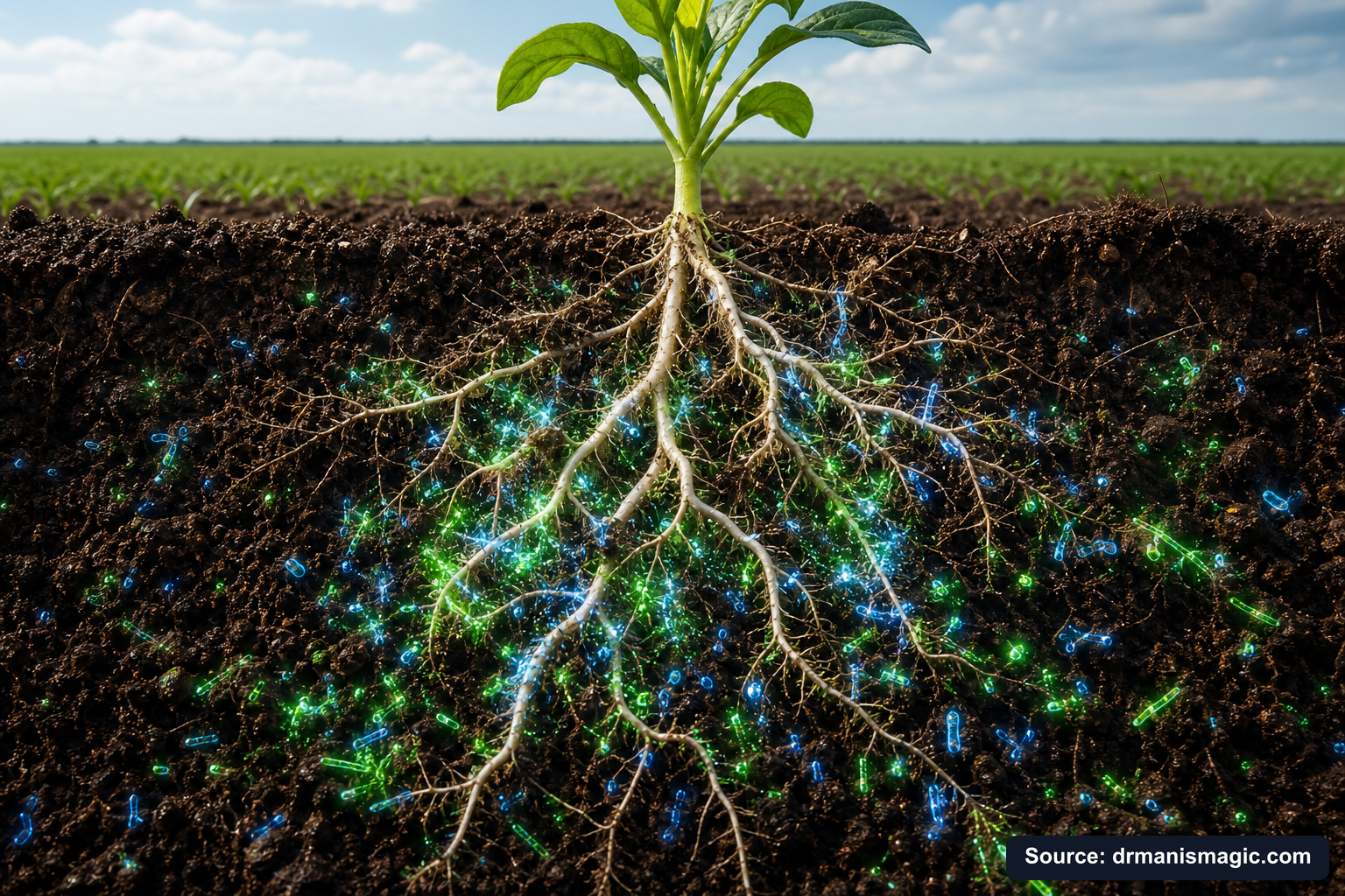 Cross-section of healthy plant roots surrounded by active soil microbes