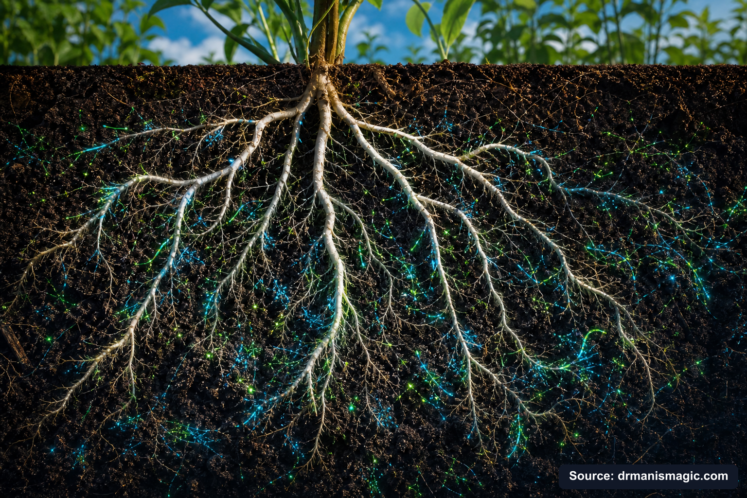 Cross-section of healthy plant roots surrounded by active soil microbes
