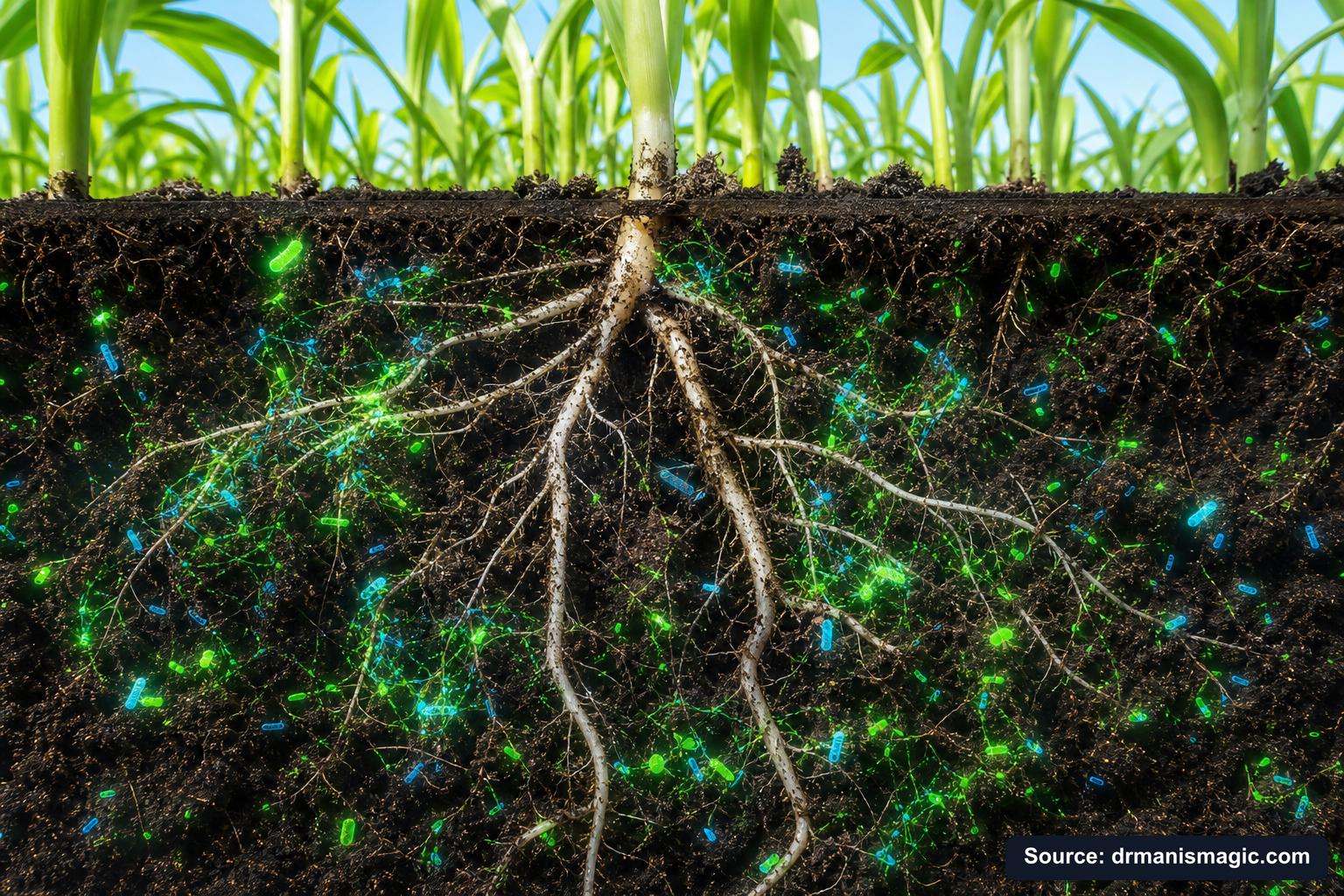 Cross-section of healthy plant roots surrounded by active soil microbes