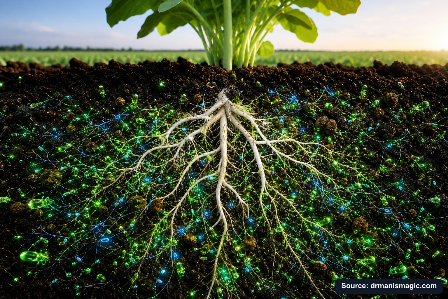 Cross-section of healthy plant roots surrounded by active soil microbes