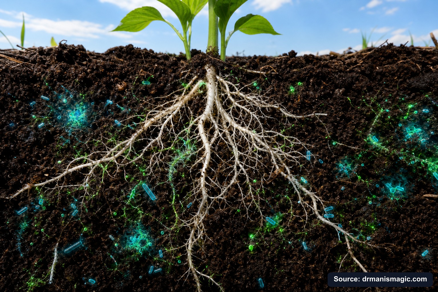 Cross-section of healthy plant roots surrounded by active soil microbes