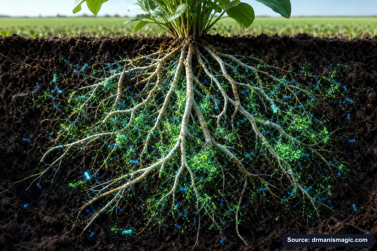 Cross-section of healthy plant roots surrounded by active soil microbes