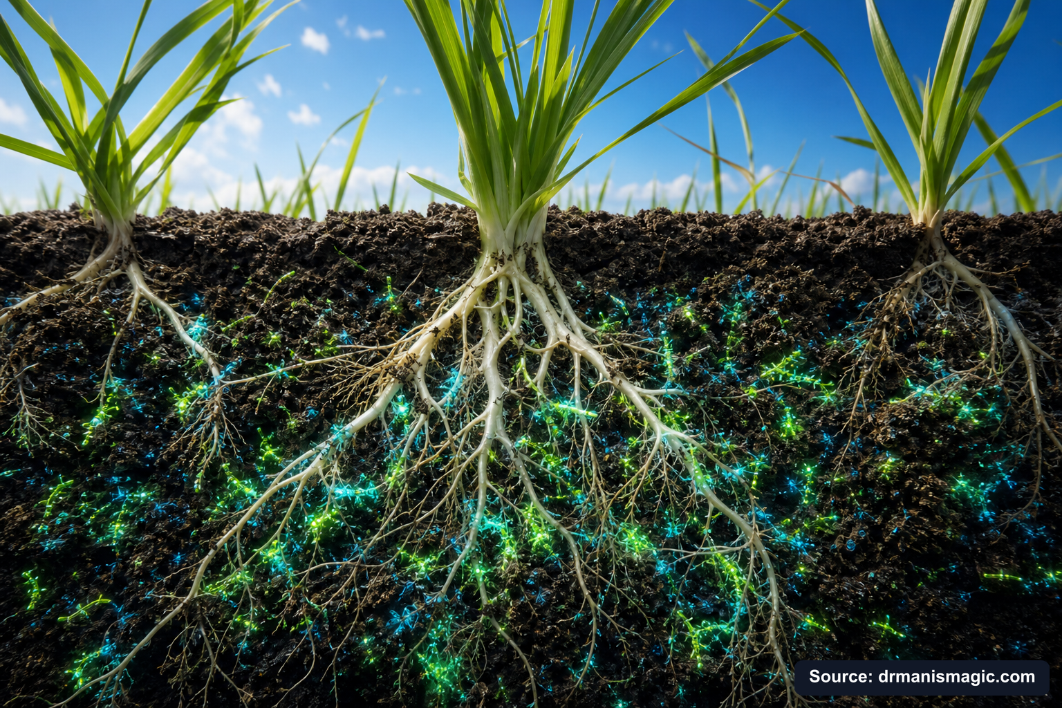 Cross-section of healthy plant roots surrounded by active soil microbes