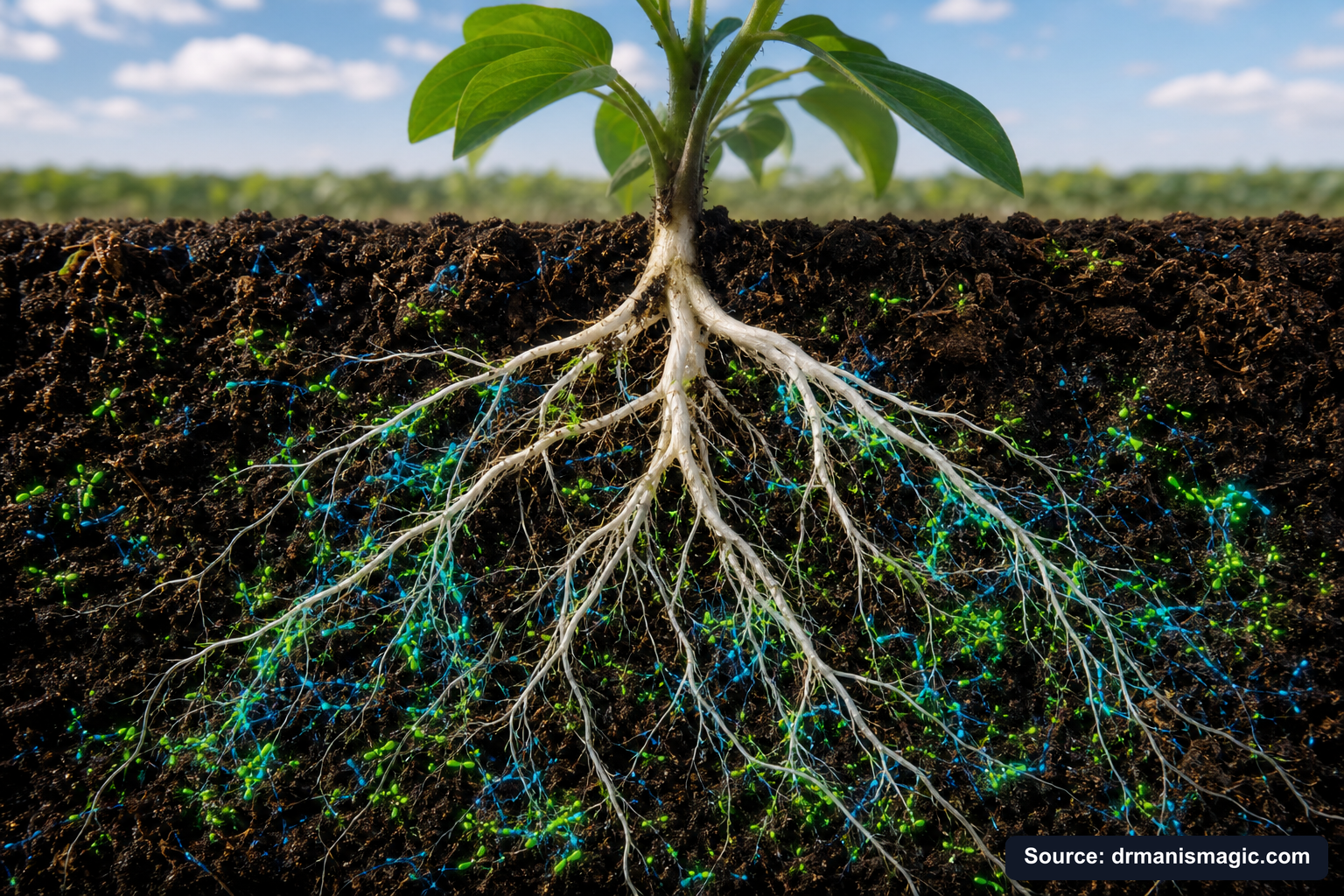 Cross-section of healthy plant roots surrounded by active soil microbes