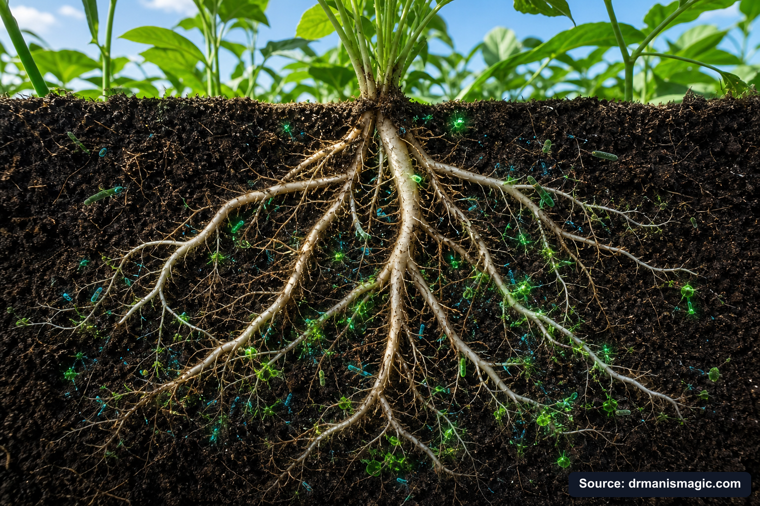 Cross-section of healthy plant roots surrounded by active soil microbes