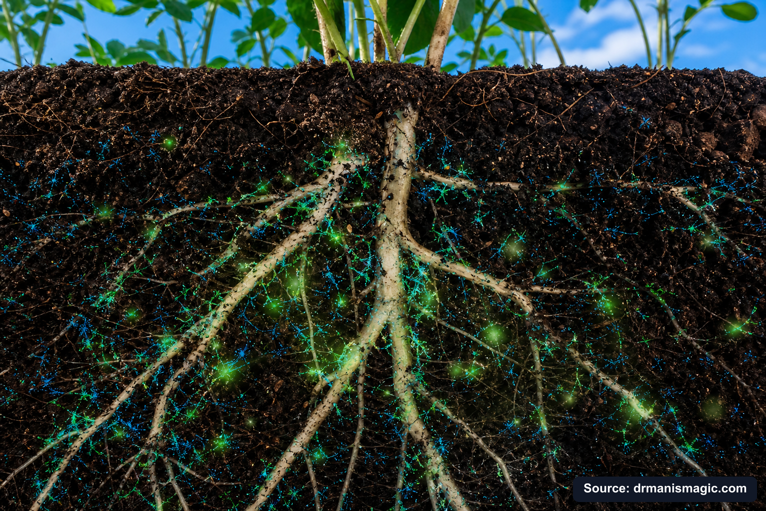 Cross-section of healthy plant roots surrounded by active soil microbes