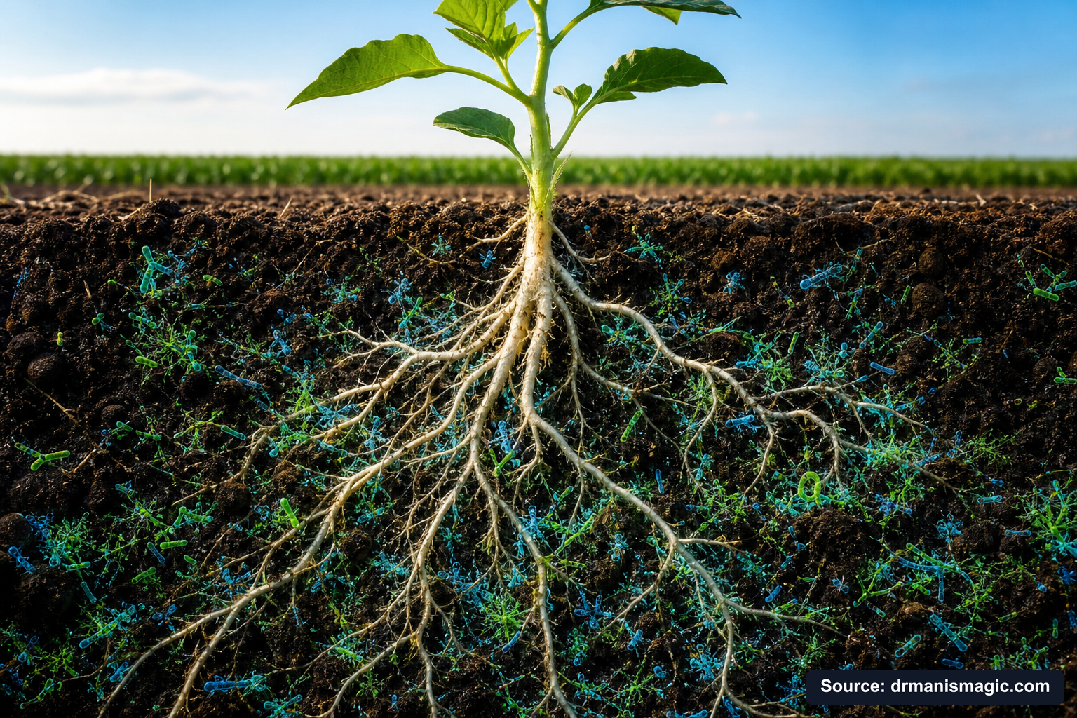 Cross-section of healthy plant roots surrounded by active soil microbes