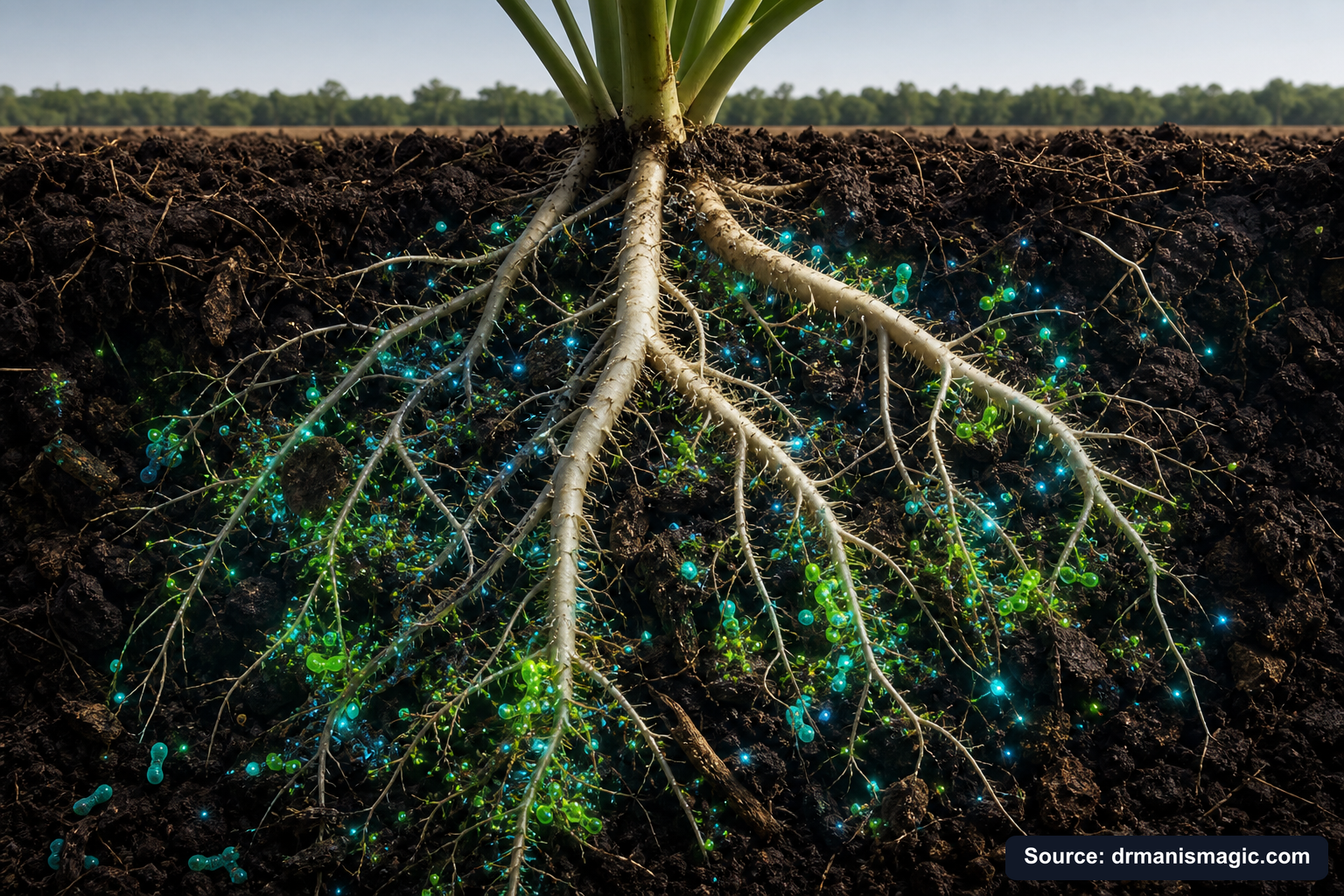 Cross-section of healthy plant roots surrounded by active soil microbes
