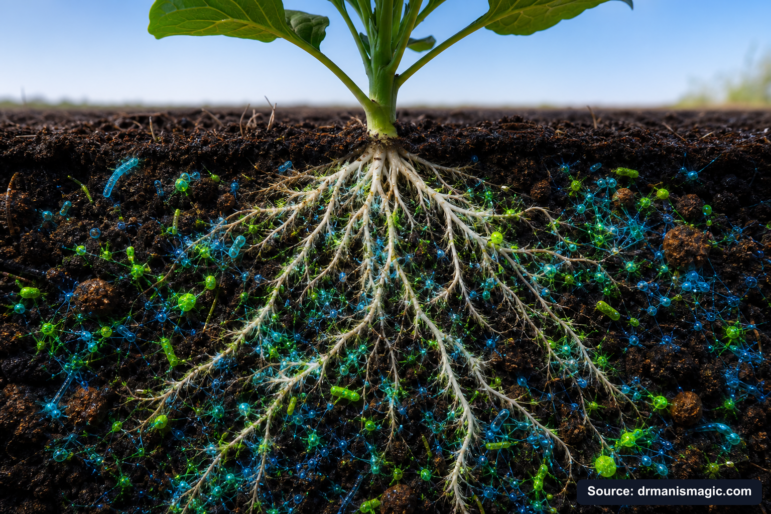 Cross-section of healthy plant roots surrounded by active soil microbes