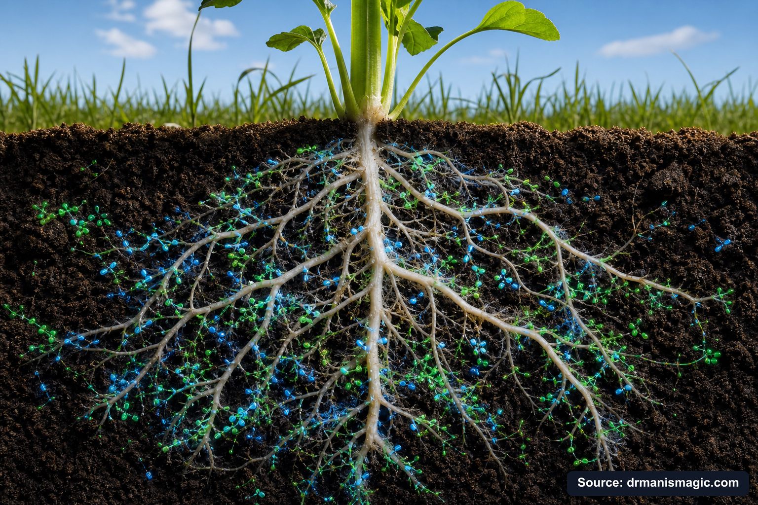 Cross-section of healthy plant roots surrounded by active soil microbes