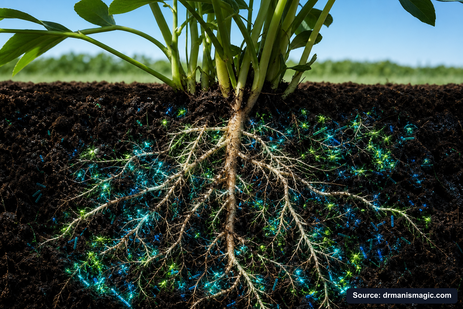 Cross-section of healthy plant roots surrounded by active soil microbes