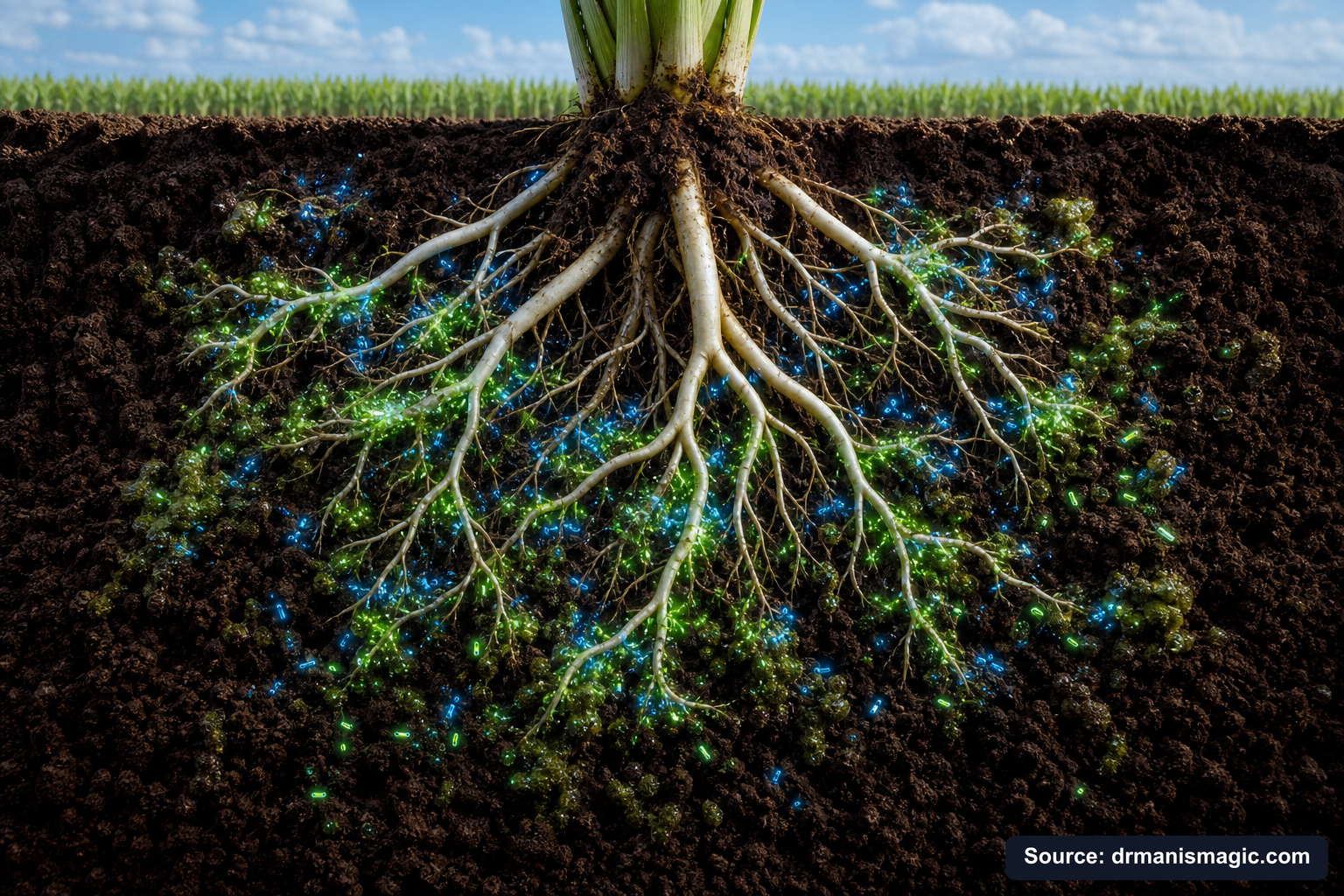 Cross-section of healthy plant roots surrounded by active soil microbes