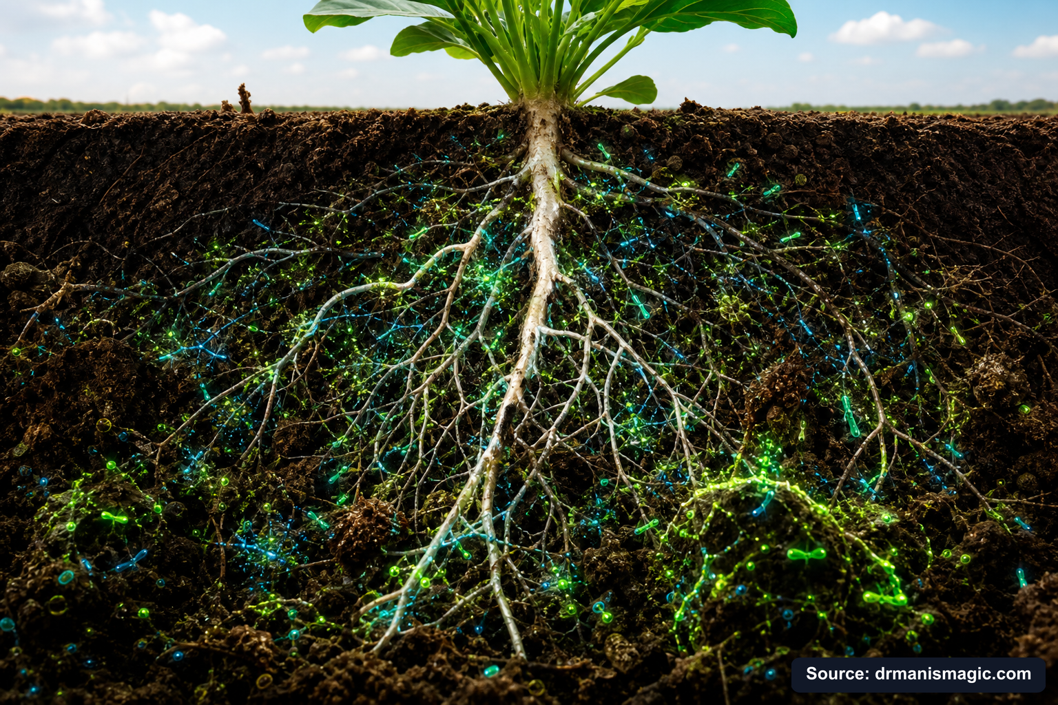 Cross-section of healthy plant roots surrounded by active soil microbes