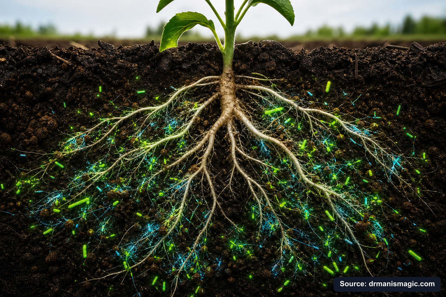 Cross-section of healthy plant roots surrounded by active soil microbes