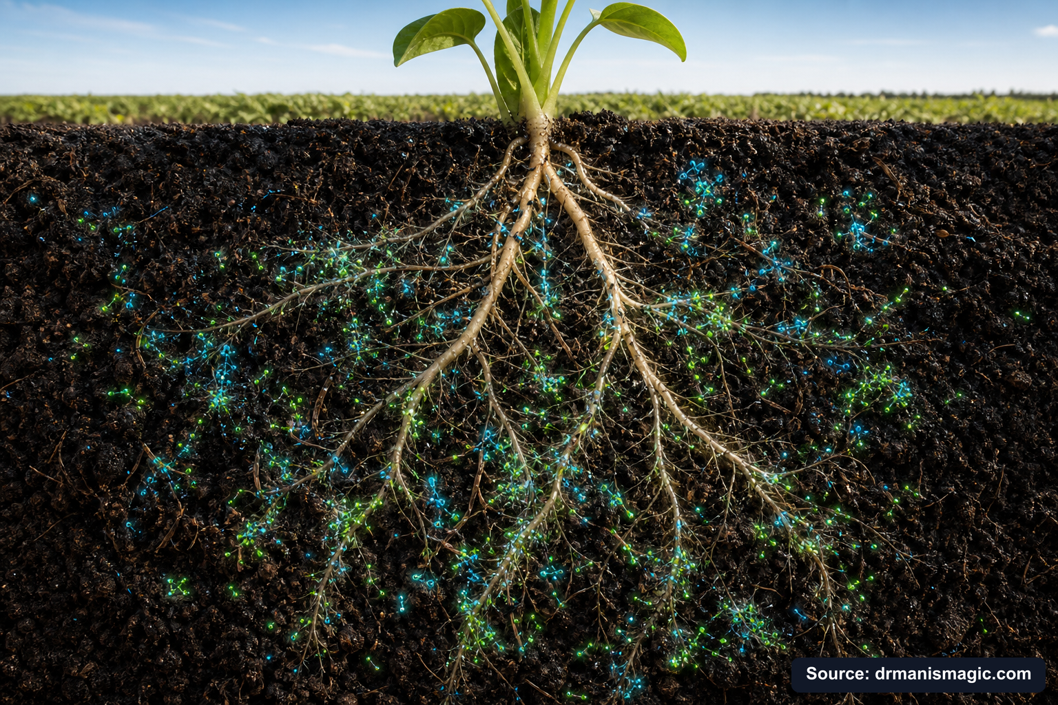 Cross-section of healthy plant roots surrounded by active soil microbes