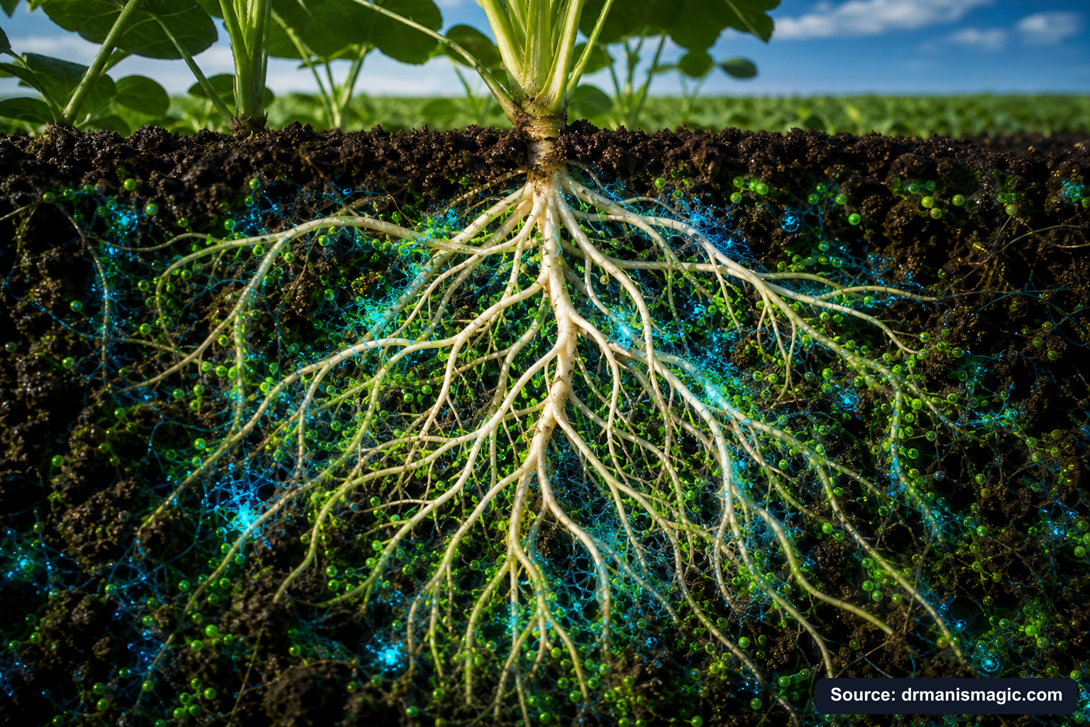 Cross-section of healthy plant roots surrounded by active soil microbes