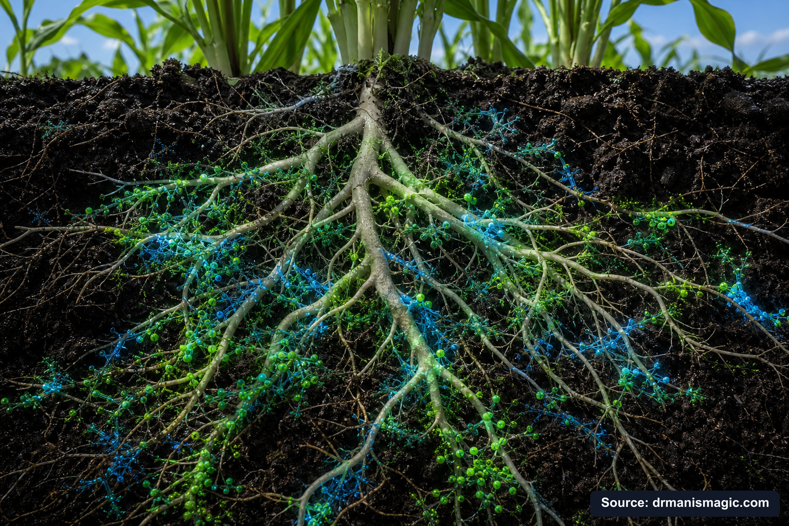Cross-section of healthy plant roots surrounded by active soil microbes