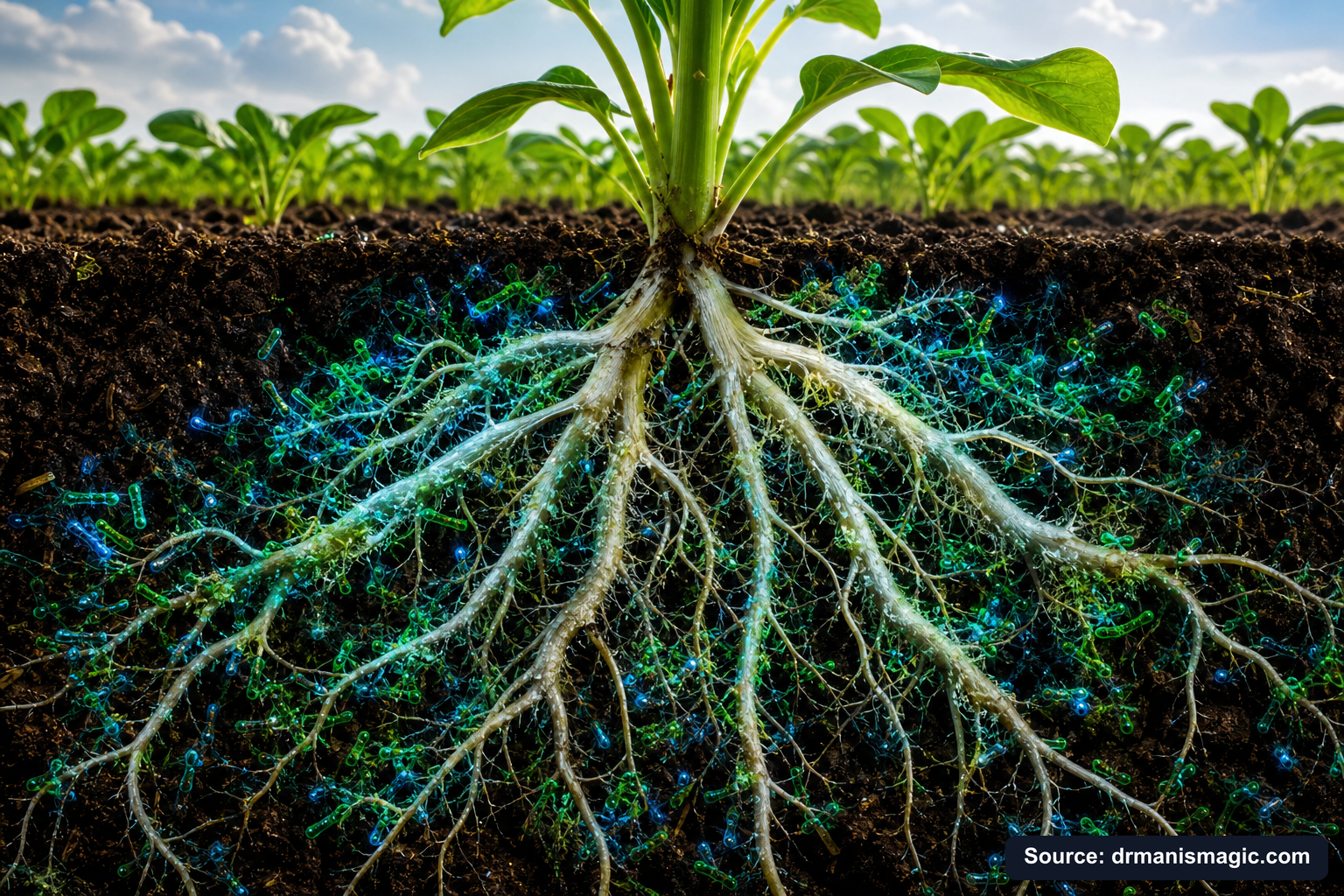 Cross-section of healthy plant roots surrounded by active soil microbes