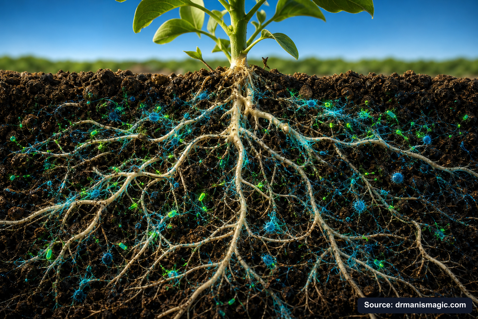 Cross-section of healthy plant roots surrounded by active soil microbes