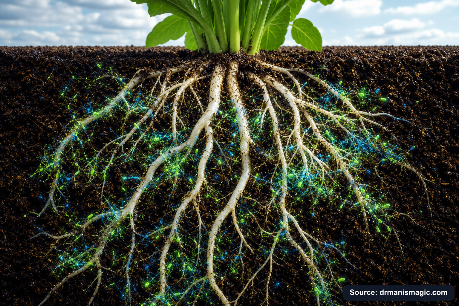 Cross-section of healthy plant roots surrounded by active soil microbes
