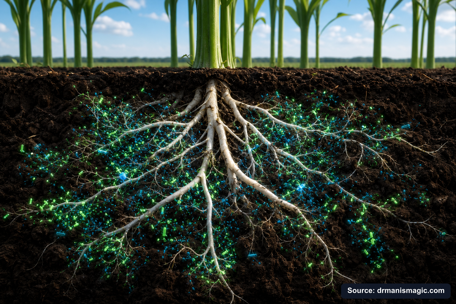 Cross-section of healthy plant roots surrounded by active soil microbes