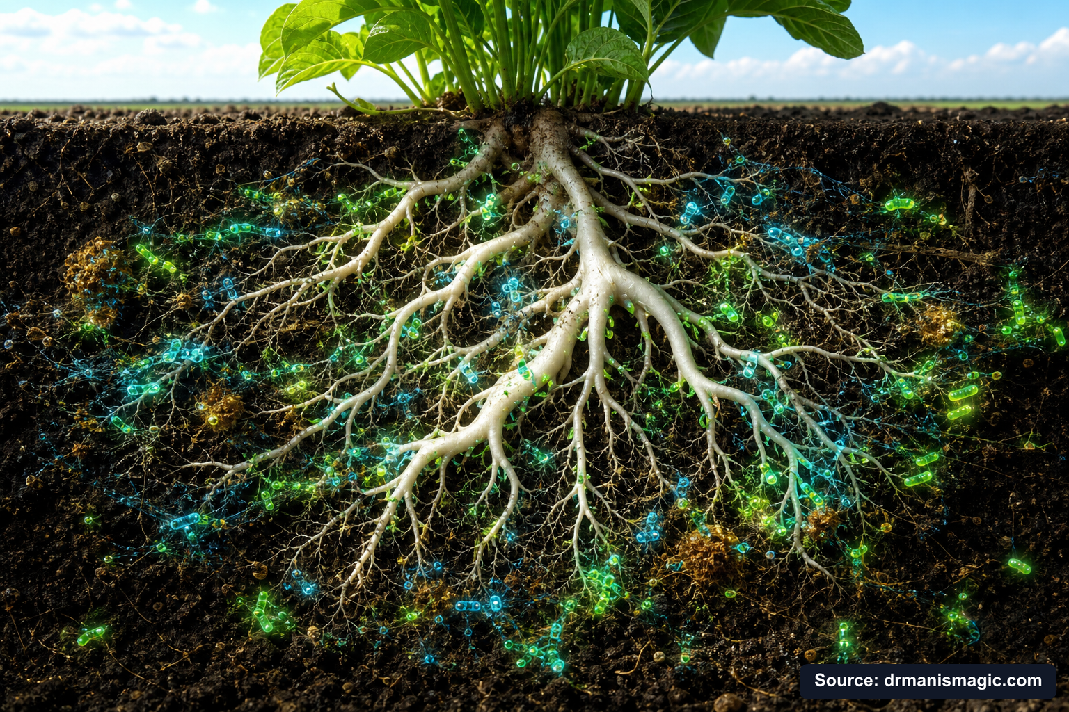 Cross-section of healthy plant roots surrounded by active soil microbes