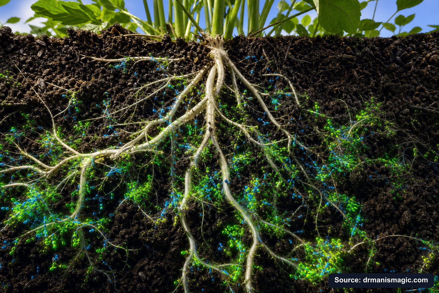 Cross-section of healthy plant roots surrounded by active soil microbes