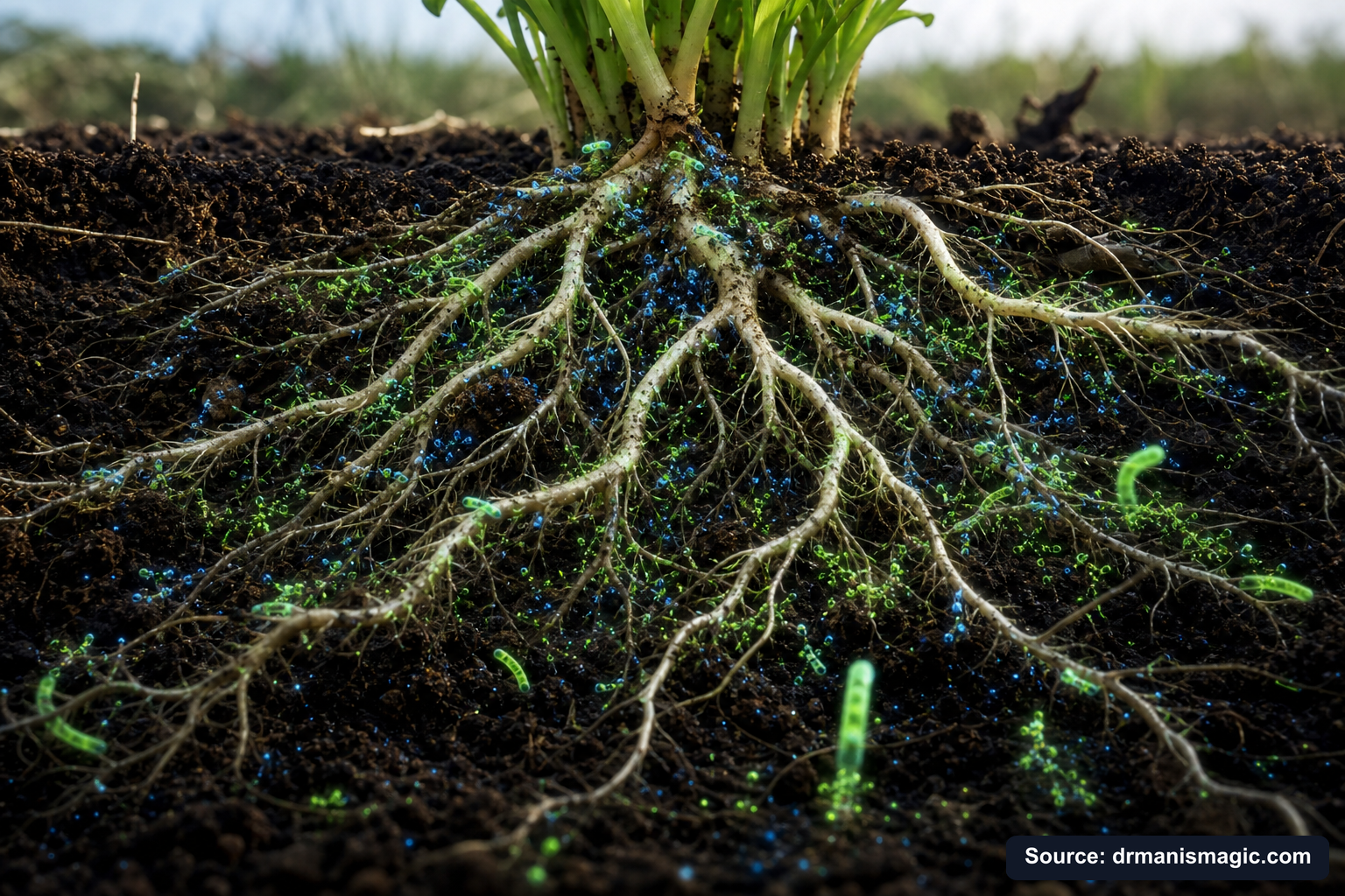 Cross-section of healthy plant roots surrounded by active soil microbes