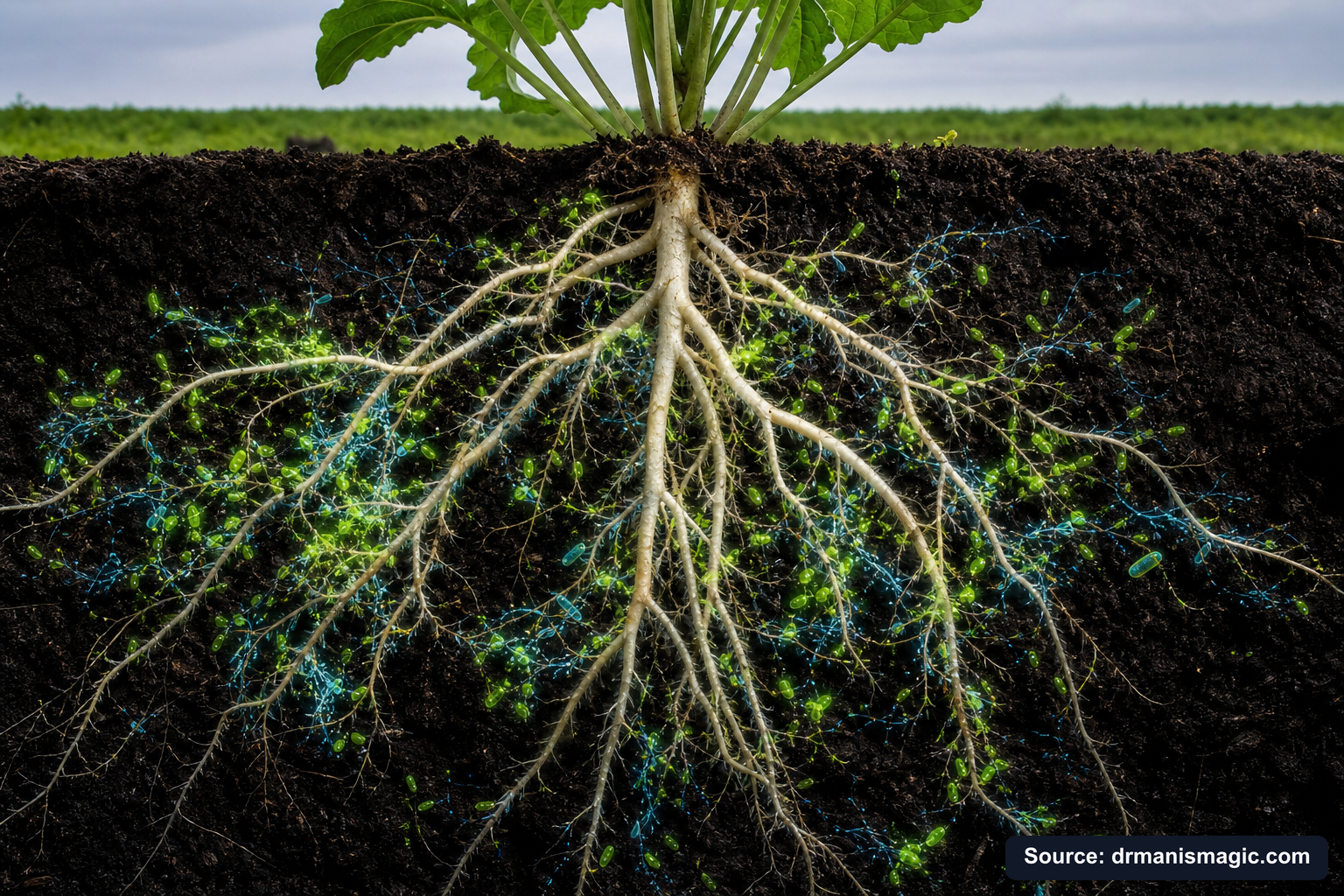 Cross-section of healthy plant roots surrounded by active soil microbes