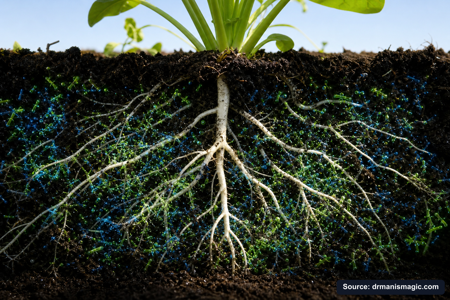 Cross-section of healthy plant roots surrounded by active soil microbes