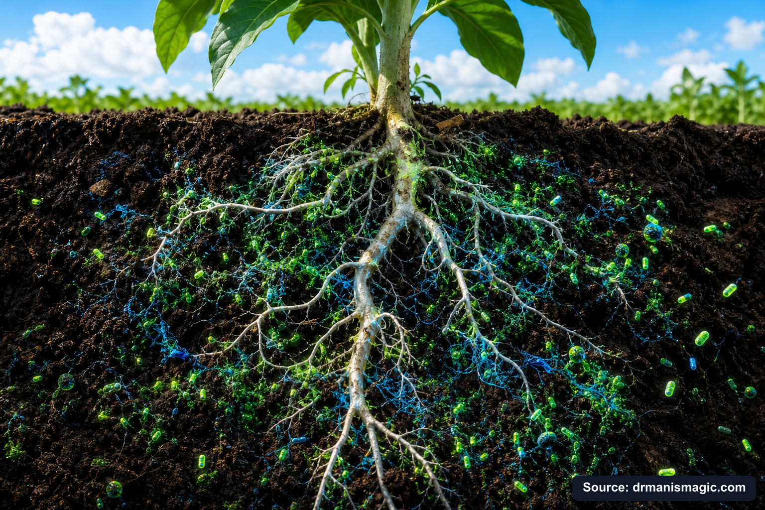 Cross-section of healthy plant roots surrounded by active soil microbes