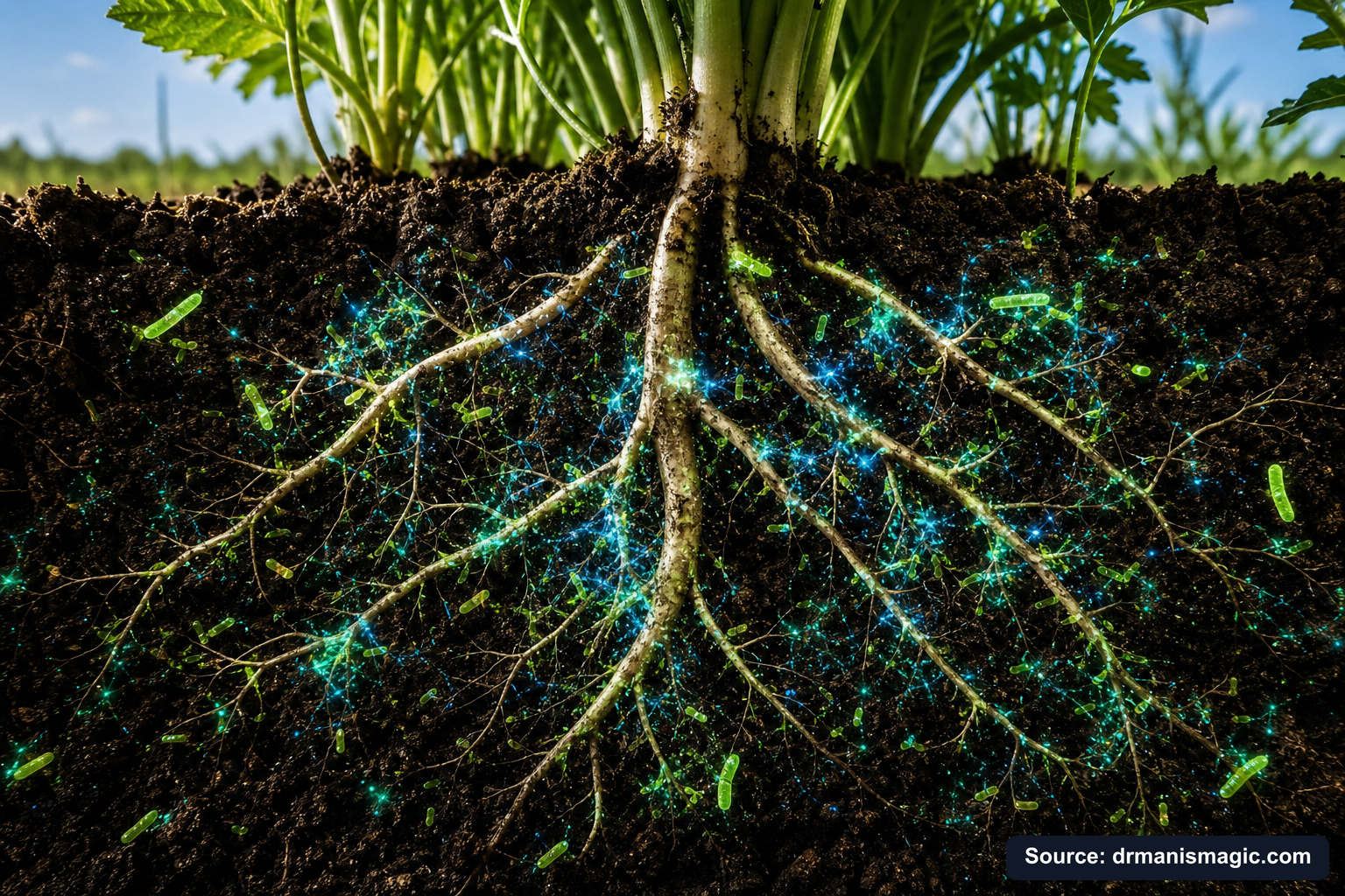 Cross-section of healthy plant roots surrounded by active soil microbes