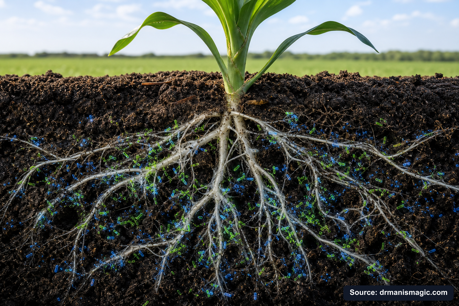 Cross-section of healthy plant roots surrounded by active soil microbes