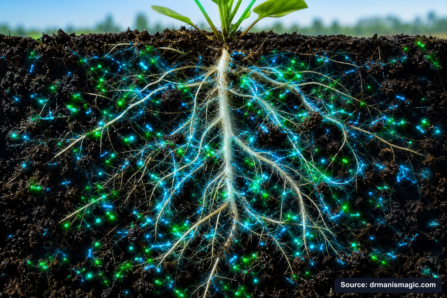 Cross-section of healthy plant roots surrounded by active soil microbes