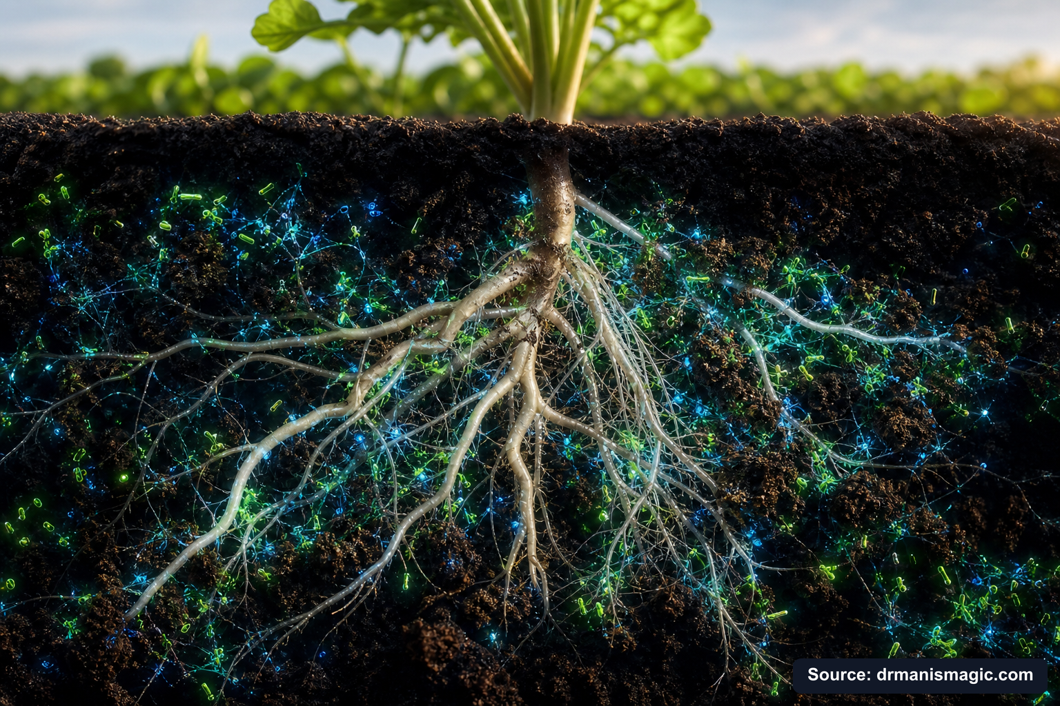 Cross-section of healthy plant roots surrounded by active soil microbes