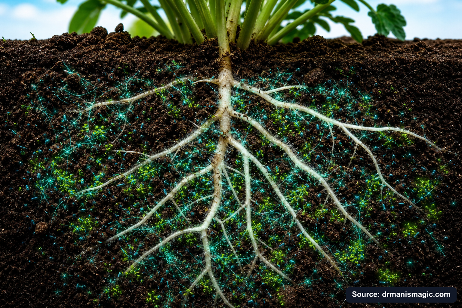 Cross-section of healthy plant roots surrounded by active soil microbes