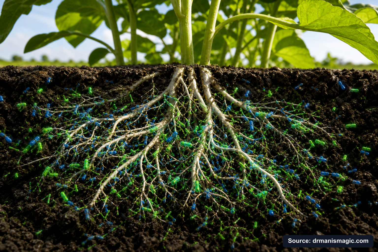 Cross-section of healthy plant roots surrounded by active soil microbes