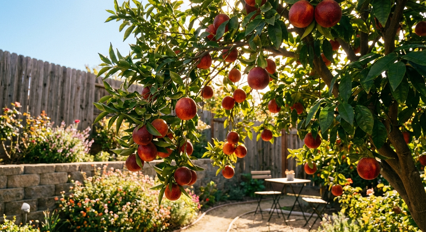Sanguinelli Blood Orange Tree growing in a backyard garden with ripe sanguinelli blood orange fruit