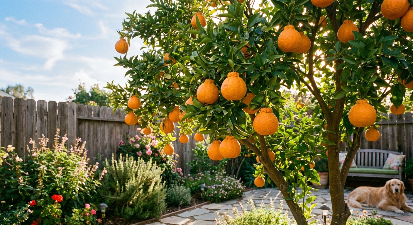 Shiranui (Dekopon) Mandarin Tree growing in a backyard garden with ripe shiranui (dekopon) mandarin fruit