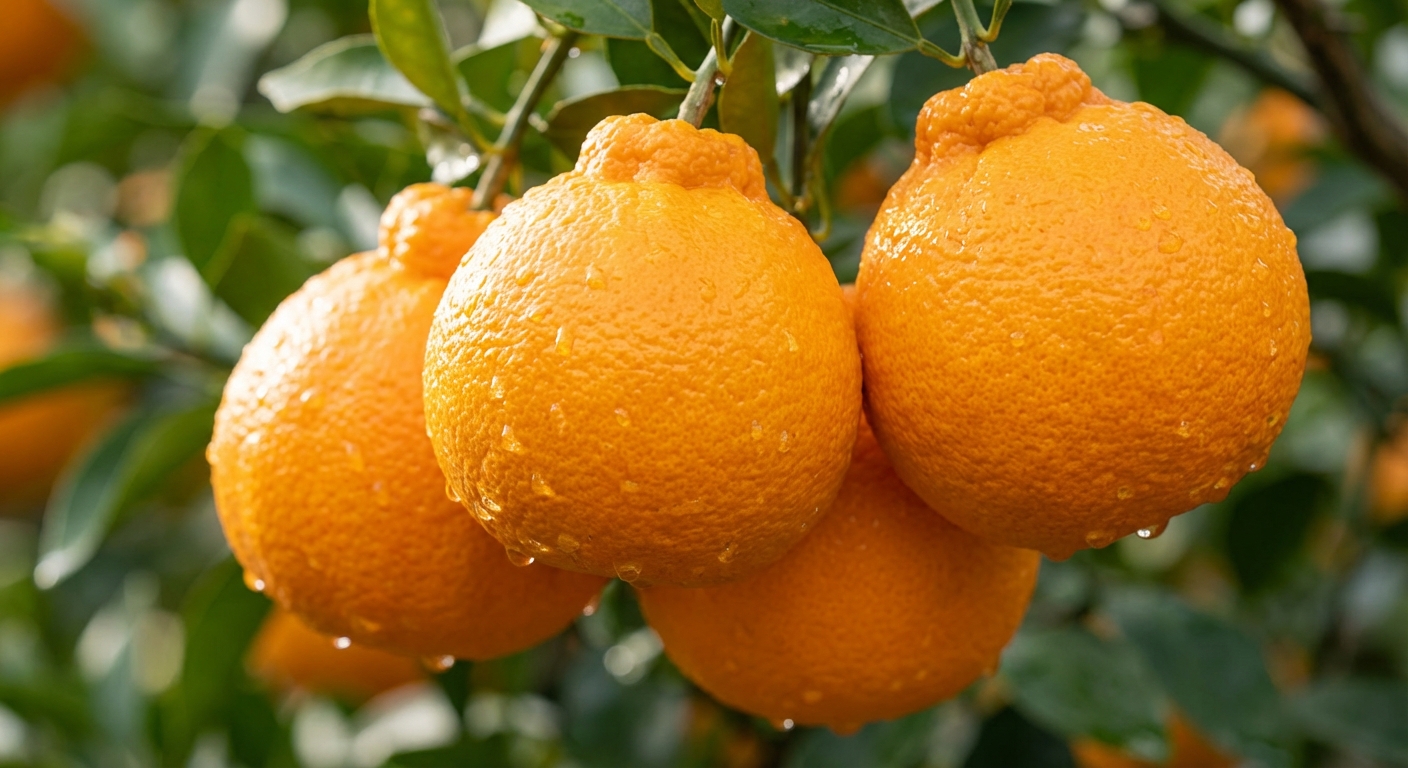 Fresh Shiranui (Dekopon) Mandarin fruit close-up on branch showing ripe shiranui (dekopon) mandarin