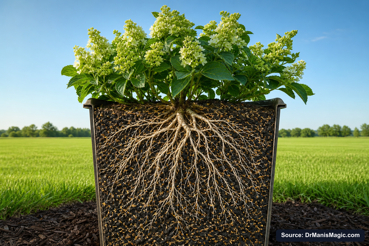Cutaway of a container showing healthy white roots in airy mineral soil