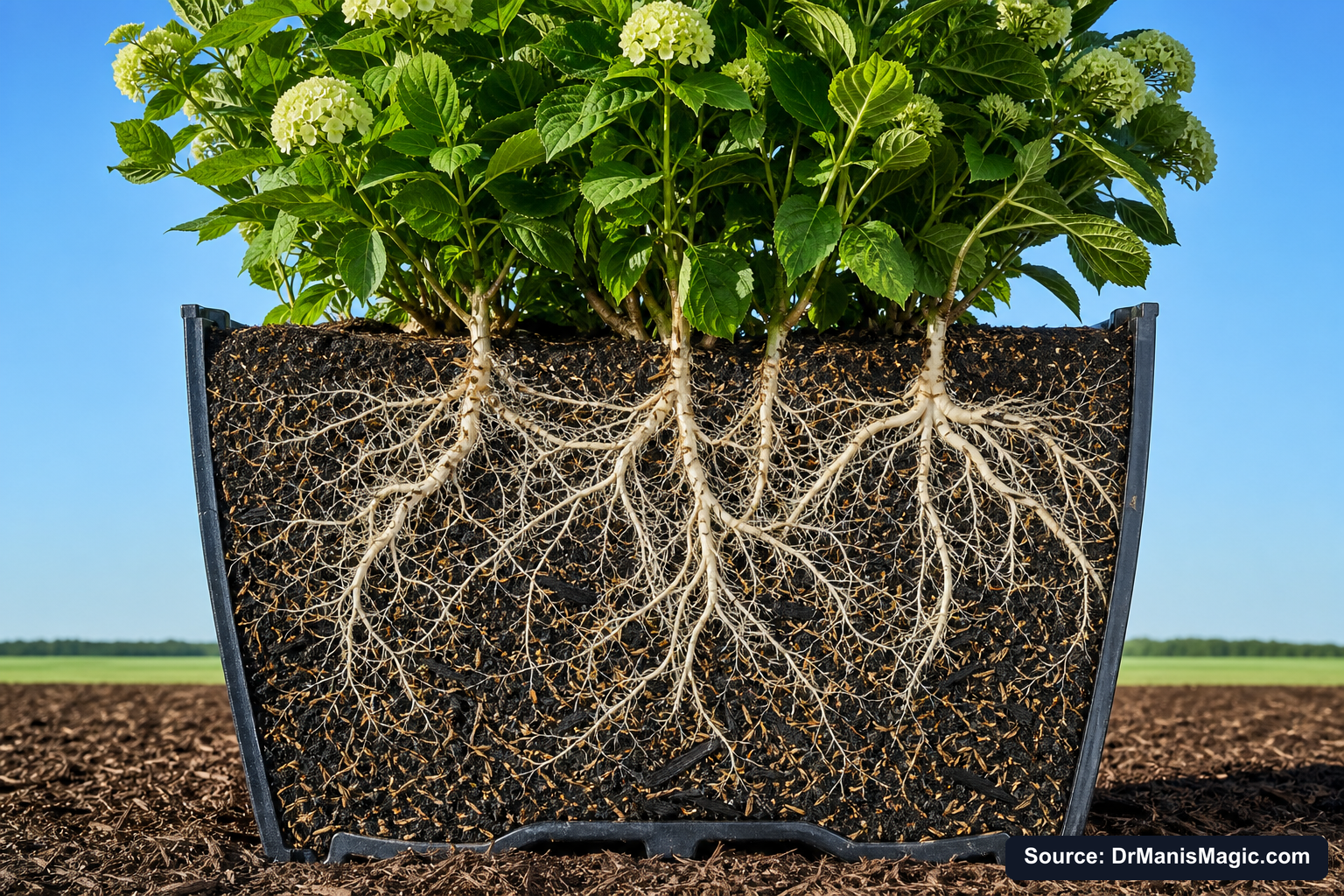 Cutaway of a container showing healthy white roots in airy mineral soil