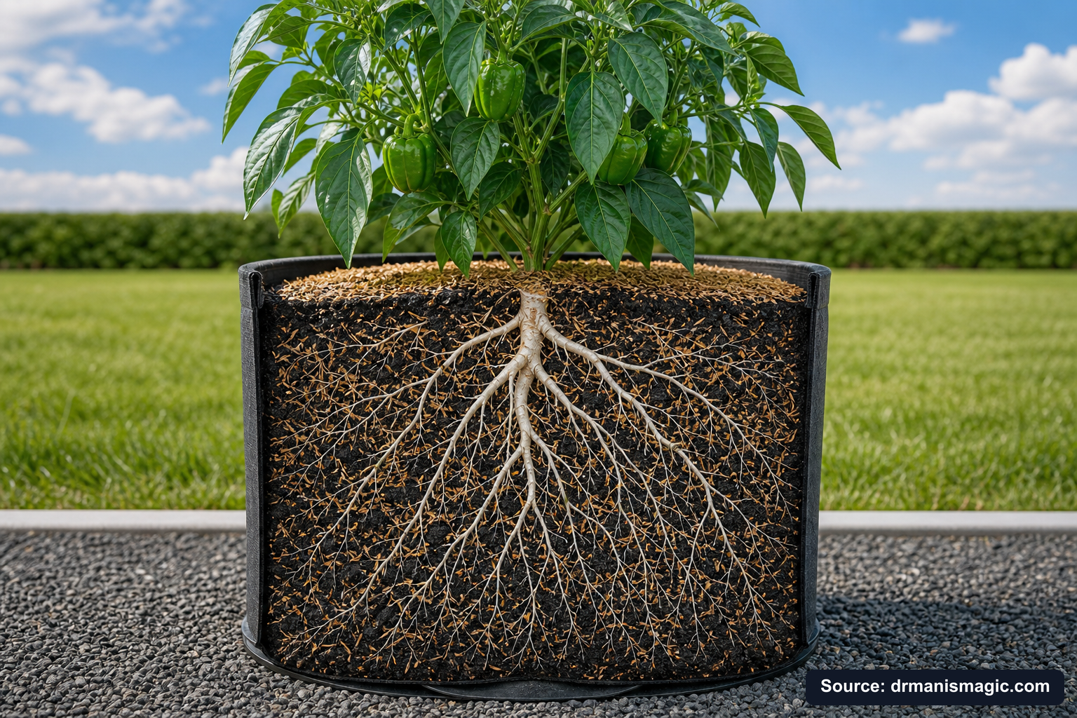 Cutaway of a container showing healthy white roots in airy mineral soil