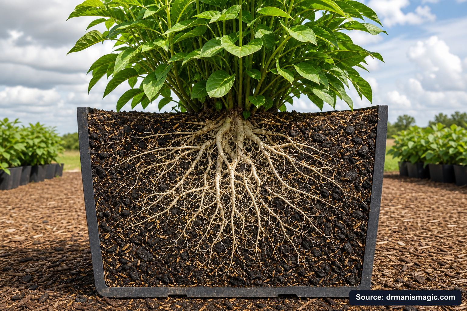 Cutaway of a container showing healthy white roots in airy mineral soil
