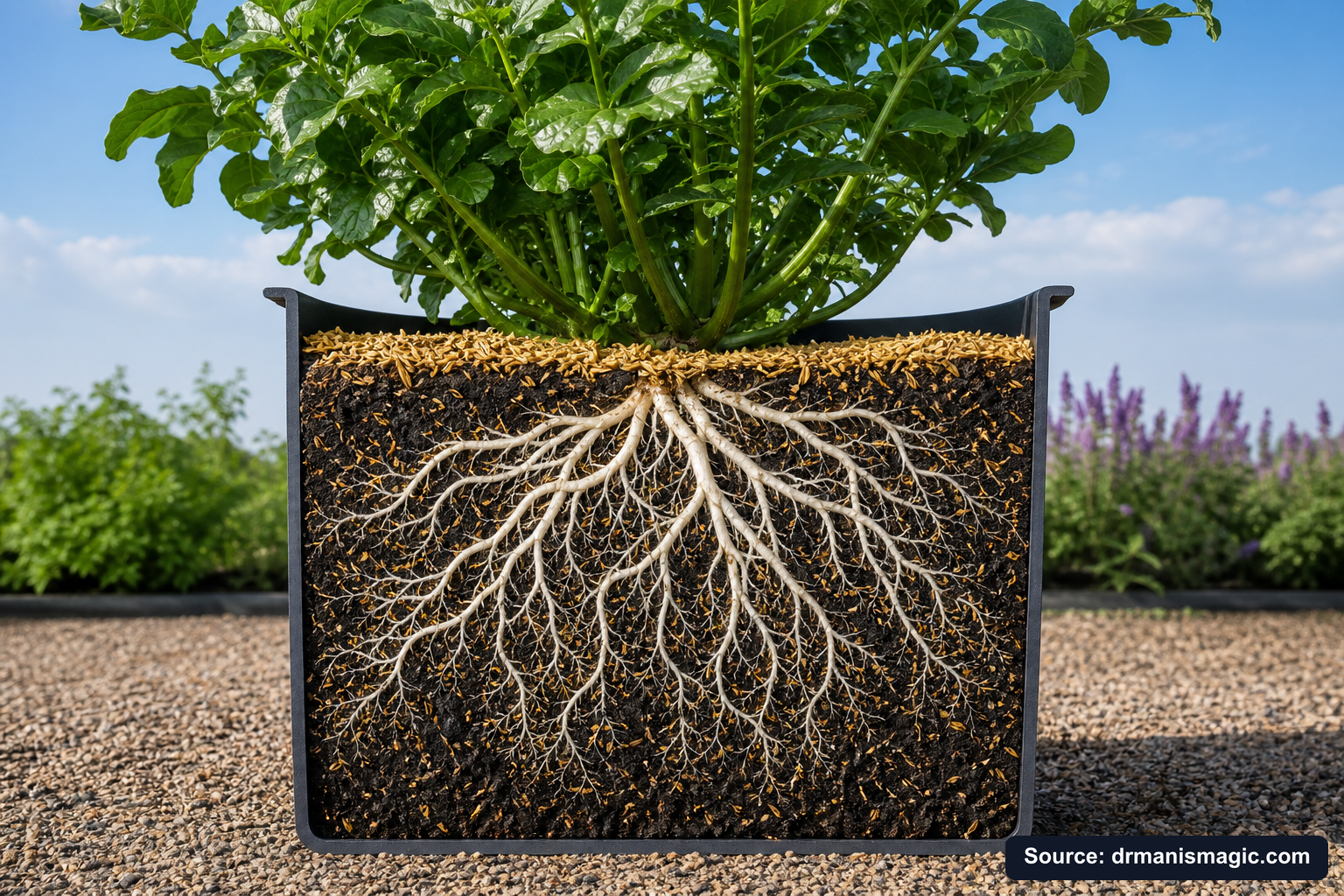 Cutaway of a container showing healthy white roots in airy mineral soil
