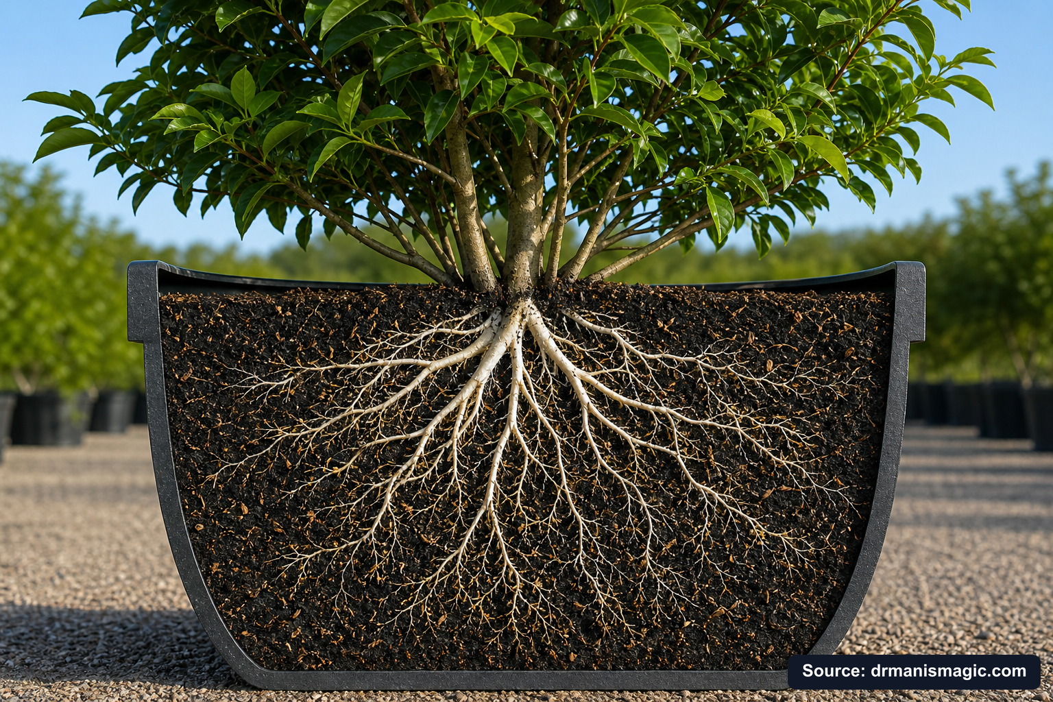 Cutaway of a container showing healthy white roots in airy mineral soil